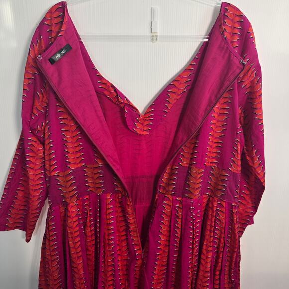 eShakti Pink Orange Leaf Print Cotton Midi Dress Fit & Flare Lined Plus Size - Picture 7 of 7